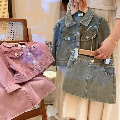 Girls Denim Coat & Skirt Two-Piece Set