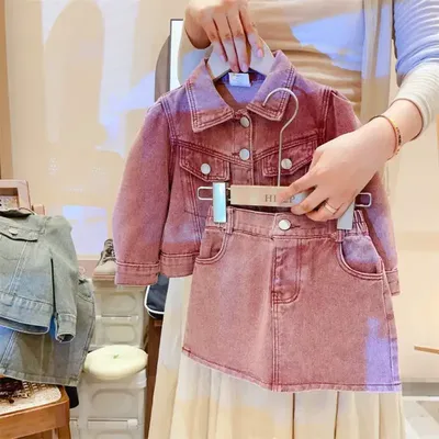 Girls Denim Coat & Skirt Two-Piece Set