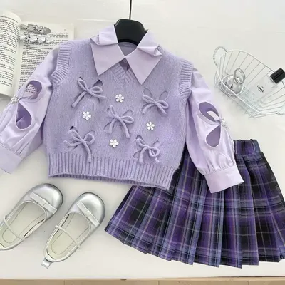 Girls' Set Knitted Vest, Shirt And Skirt Three-Piece Set