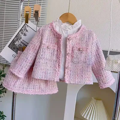 Girls' Fashionable Outerwear and Skirt Two-Piece Set