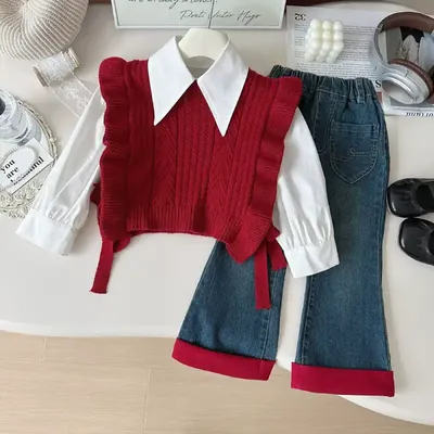 Girls’ Korean Style Shirt, Vest & Jeans 3-Piece Set