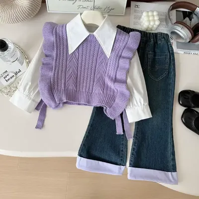 Girls’ Korean Style Shirt, Vest & Jeans 3-Piece Set