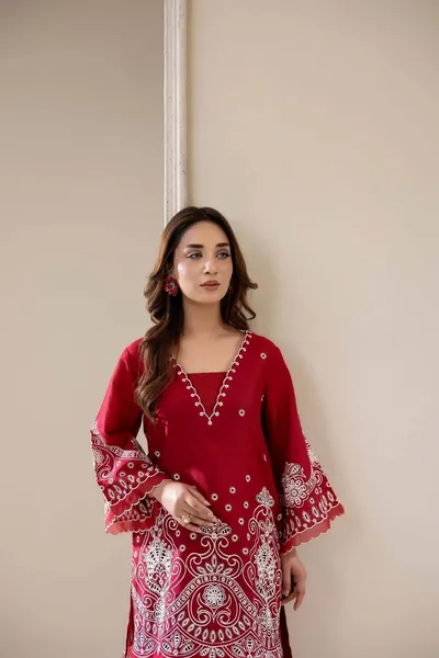 Pakistani Original Adan's Libas Embroidered Coord sets _ Red 