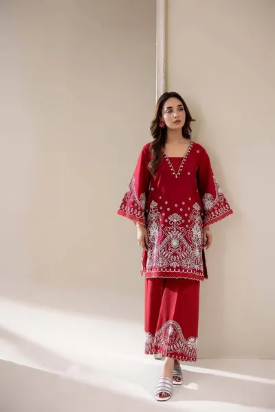 Pakistani Original Adan's Libas Embroidered Coord sets _ Red 