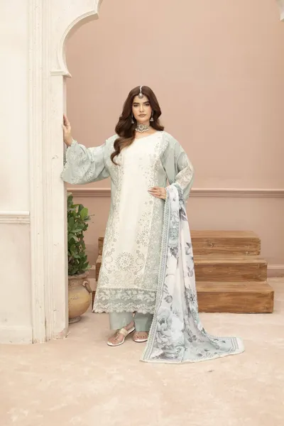 Original Pakistani Luxury Lawn Stitched 3Pcs _ Beige & Mint