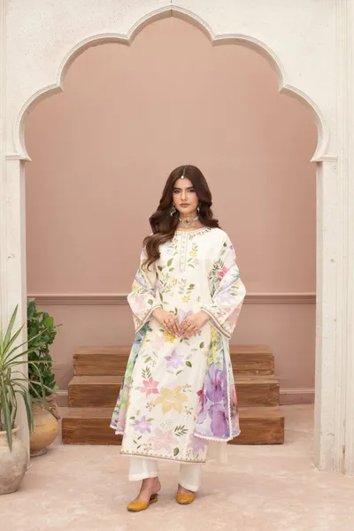 Original Pakistani Luxury Lawn Stitched 3Pcs _ Cream