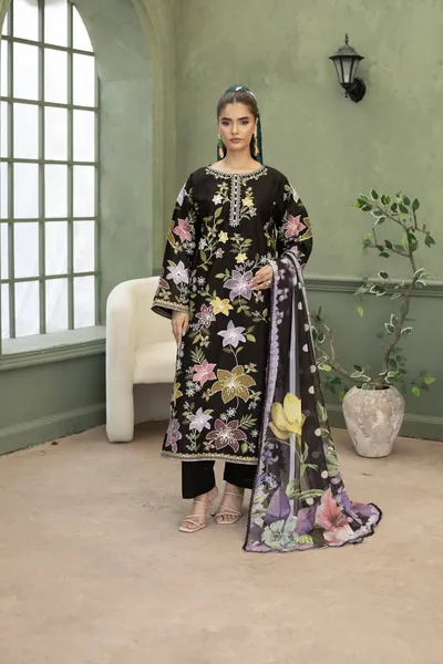 Original Pakistani Luxury Lawn Stitched 3Pcs _ black 