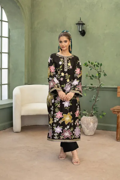 Original Pakistani Luxury Lawn Stitched 3Pcs _ black 