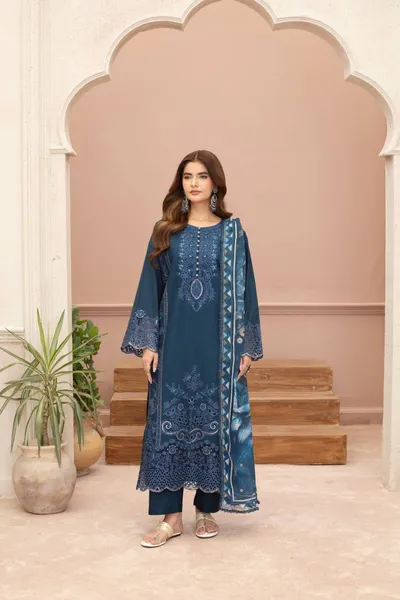 Original Pakistani Luxury Lawn Stitched 3Pcs _ Navy Blue 