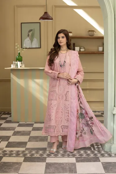 Original Pakistani Luxury Lawn Stitched 3Pcs _ Pink