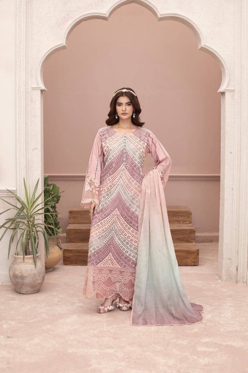 Original Pakistani Luxury Lawn Stitched 3Pcs _ Pink