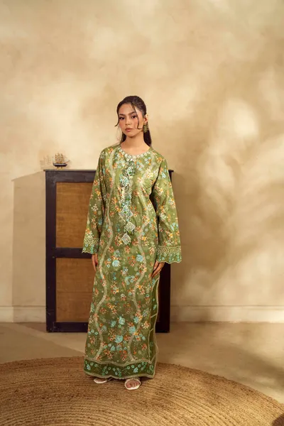 Pakistani Original Guzel new volume NYRA Printed Embroidery Lawn Kafta Stitched 2Pc _ Olive