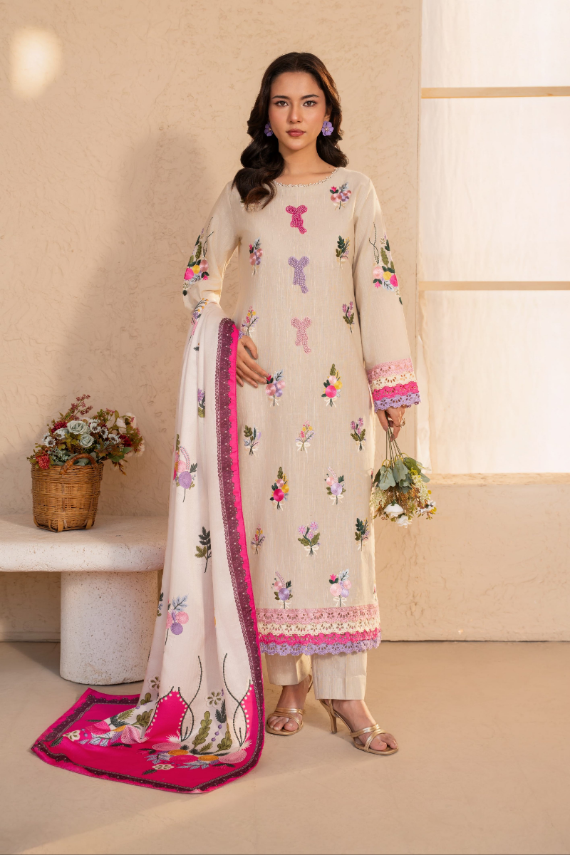 Original Pakistani Sahiba's By Mirza Embroidered Stitched Lawn 3Pc _ Cream Beige 