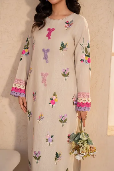 Original Pakistani Sahiba's By Mirza Embroidered Stitched Lawn 3Pc _ Cream Beige