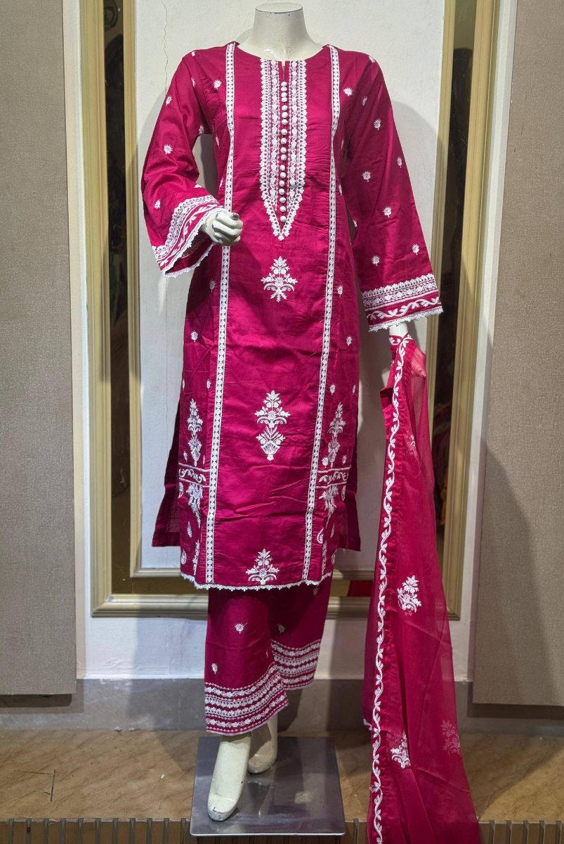 Pakistani Original Cotton Embroidered Stitched 3Pc With Chiffon Dupatta _ Magenta 