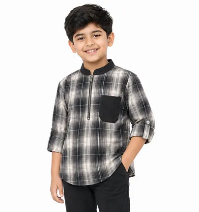 Boys White Printed Mandarin Collar Short Sleeve Shirt