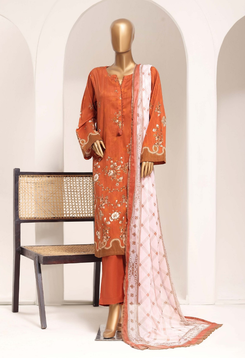 Pakistani Original Sadabahar Printed Lawn Stitched 3Pcs _ Rust