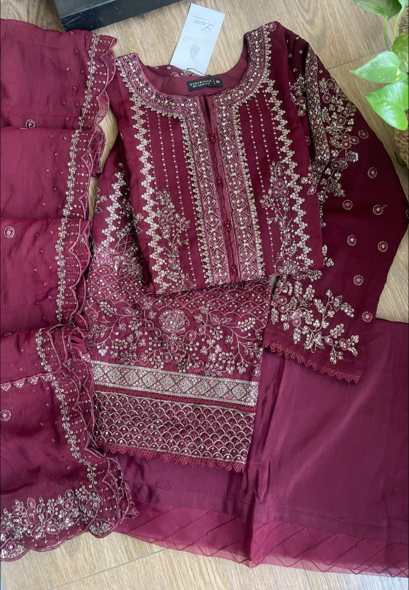 Pakistani Original Sadabahar Luxury Chiffon Stitched 3Pcs _ Dark Maroon 