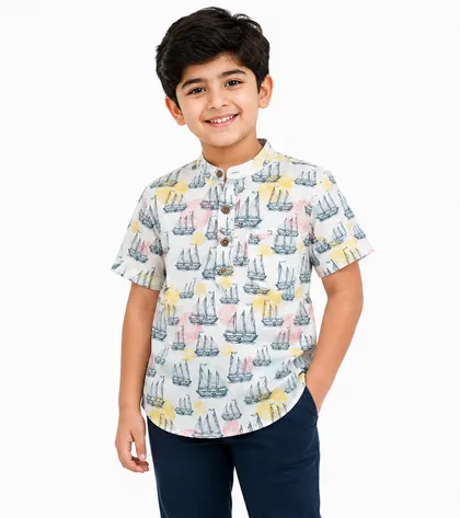Baby Boss Boys Printed Half Sleeve Casual Shirt – White Transport Print