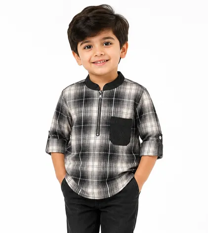 Boys White Printed Mandarin Collar Short Sleeve Shirt
