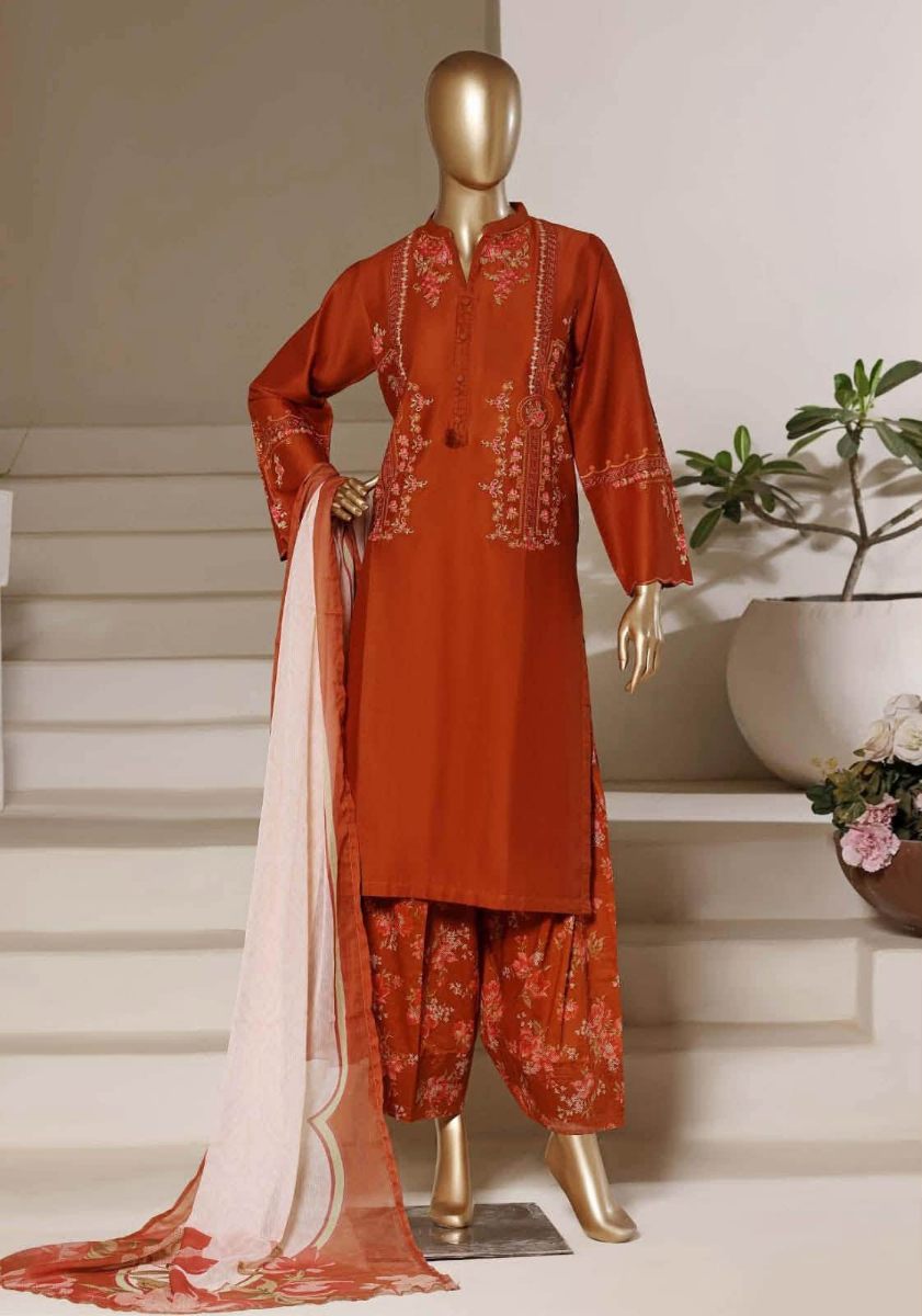 Pakistani Original Sadabahar Eclair Embroidered Lawn Stitched 3 Piece Suit _ Rust 