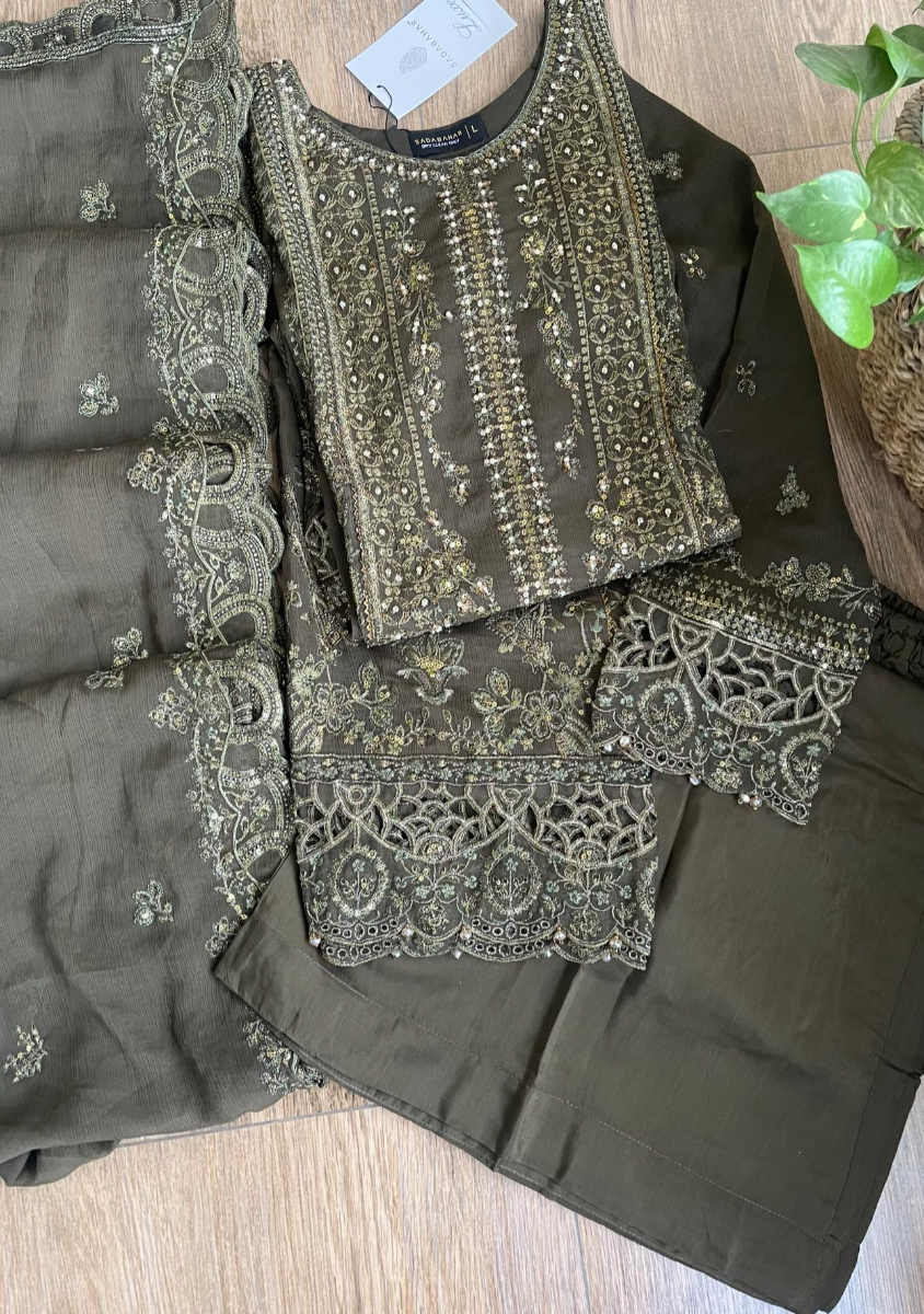 Pakistani Original Sadabahar Luxury Chiffon Stitched 3Pcs _ Dark Olive 
