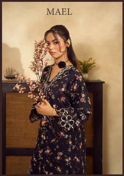 Pakistani Original Guzel new volume NYRA Printed Embroidery Lawn Kafta Stitched 2Pc _ Black