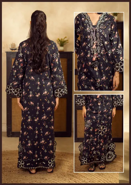 Pakistani Original Guzel new volume NYRA Printed Embroidery Lawn Kafta Stitched 2Pc _ Black