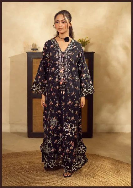 Pakistani Original Guzel new volume NYRA Printed Embroidery Lawn Kafta Stitched 2Pc _ Black