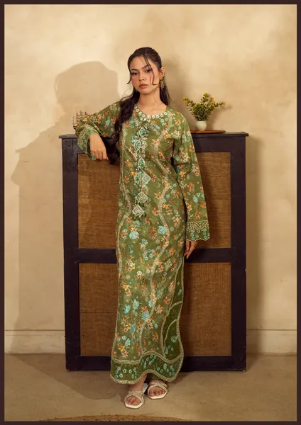 Pakistani Original Guzel new volume NYRA Printed Embroidery Lawn Kafta Stitched 2Pc _ Olive
