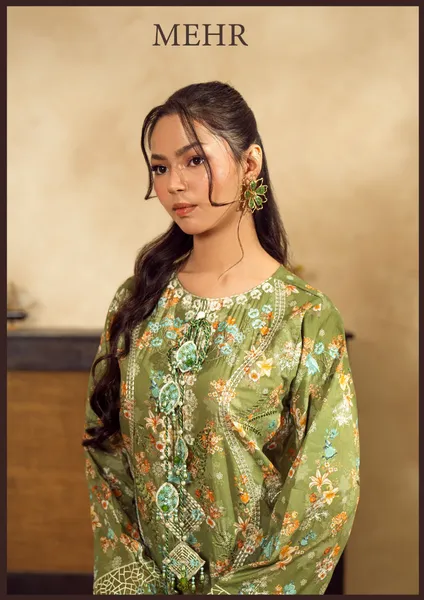 Pakistani Original Guzel new volume NYRA Printed Embroidery Lawn Kafta Stitched 2Pc _ Olive