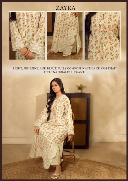 Pakistani Original Guzel new volume NYRA Printed Embroidery Lawn Kafta Stitched 2Pc _ Off White