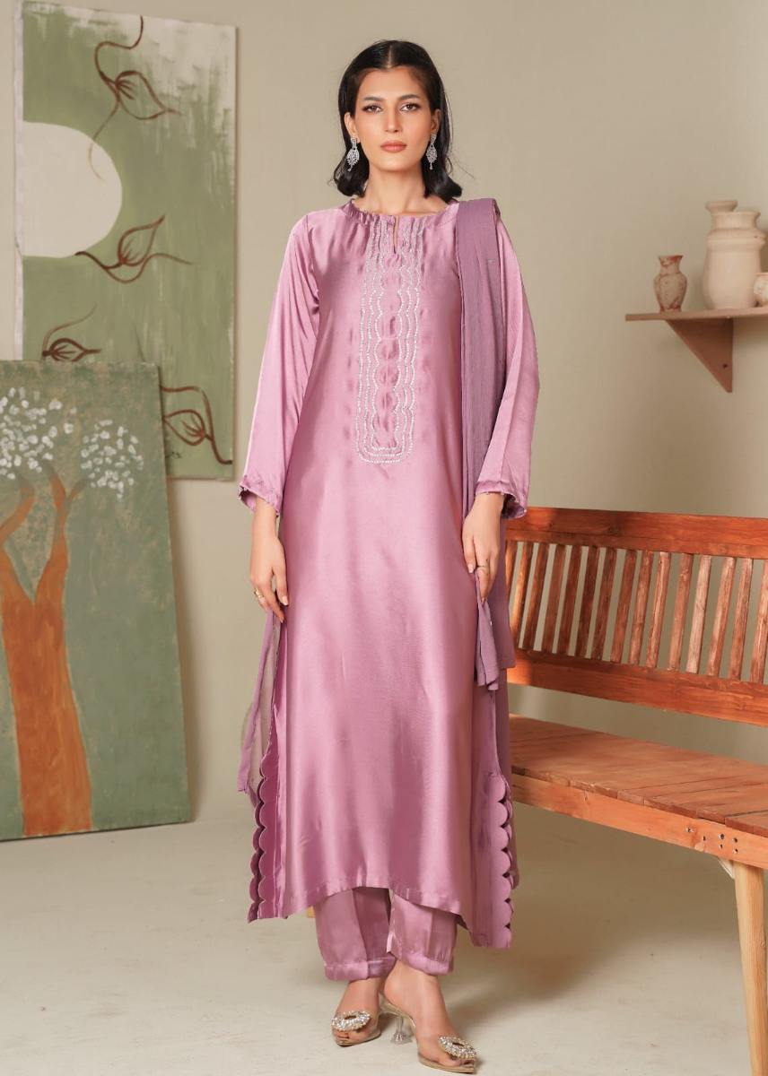 Pakistani Lasercut Silk Stitched 3Pcs_ Mauve  Pink