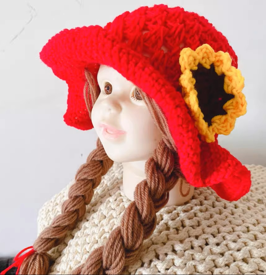 Handmade Crochet Braided Girl Hat – Cute Cherry & Bow Design Winter/Summer Cap