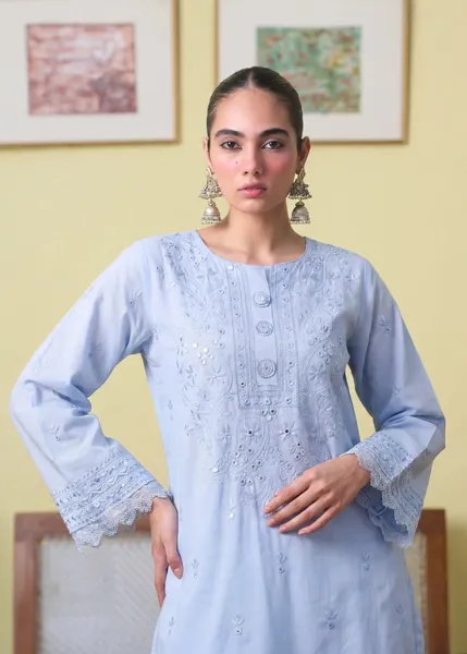 Pakistani Original Sahibas Lawn Stitched 2Pcs _ Honey Sky-blue