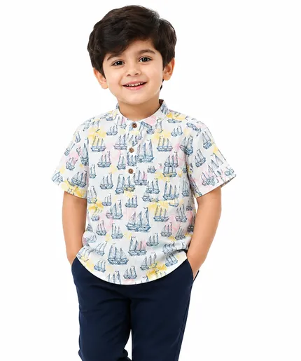 Baby Boss Boys Printed Half Sleeve Casual Shirt – White Transport Print
