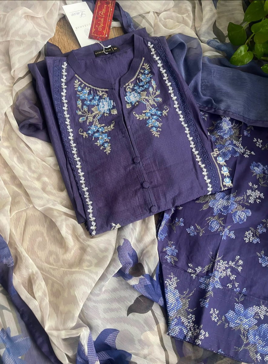 Pakistani Original Sadabahar Eclair Embroidered Lawn Stitched 3 Piece Suit  _ Navy Blue 