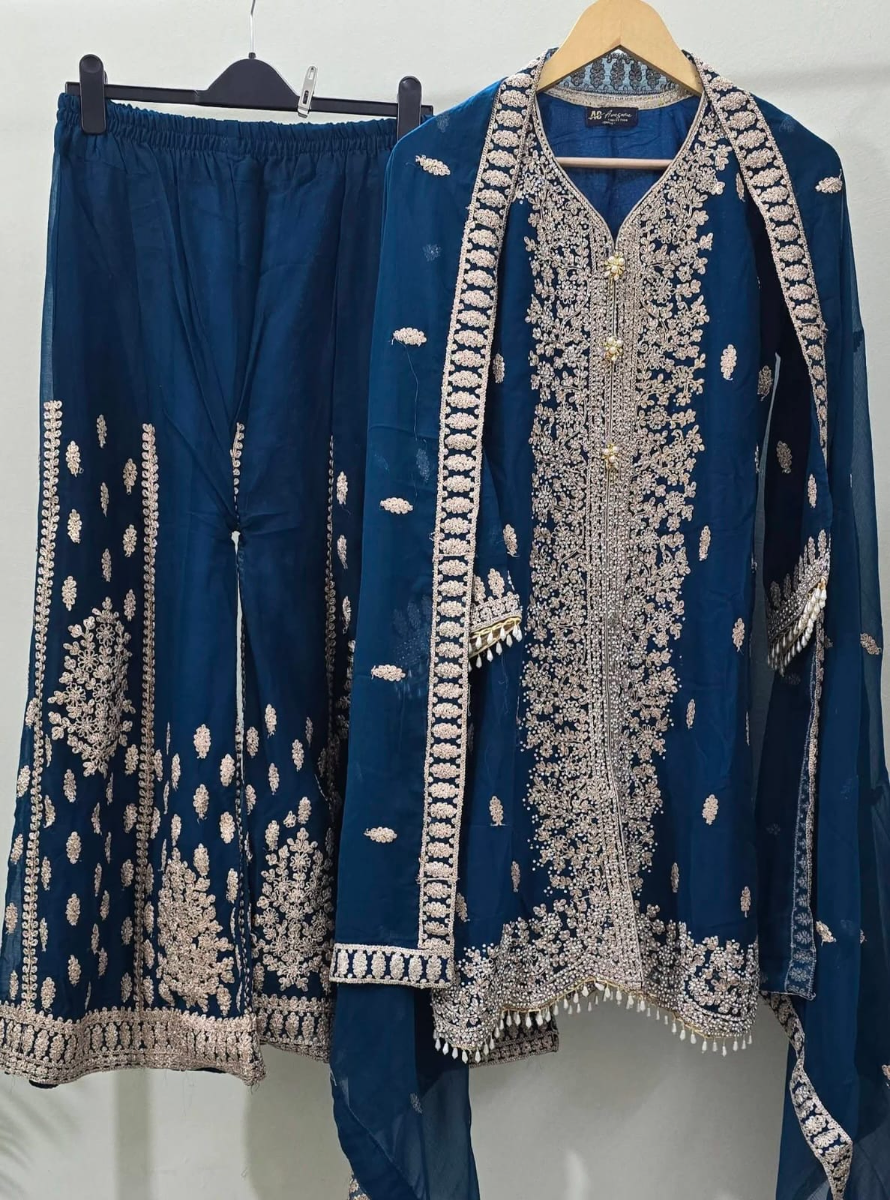 Original Pakistani Luxury Chiffon Sharara Stitched 3Pcs _ Sea Blue