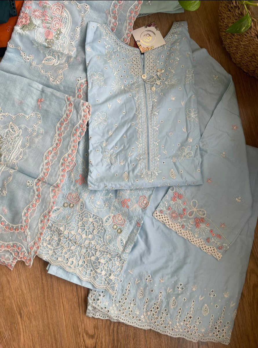 Pakistani Original HZ Textiles Luxury Cotton Stitched 3Pcs _ Sky Blue 