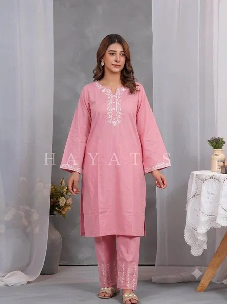 Pakistani Original Hayat's Cotton Embroidered Stitched 2Pcs _ Pink 