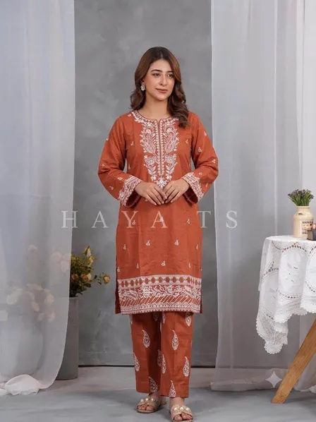 Pakistani Original Hayat's Cotton Embroidered Stitched 2Pcs _ Rust 