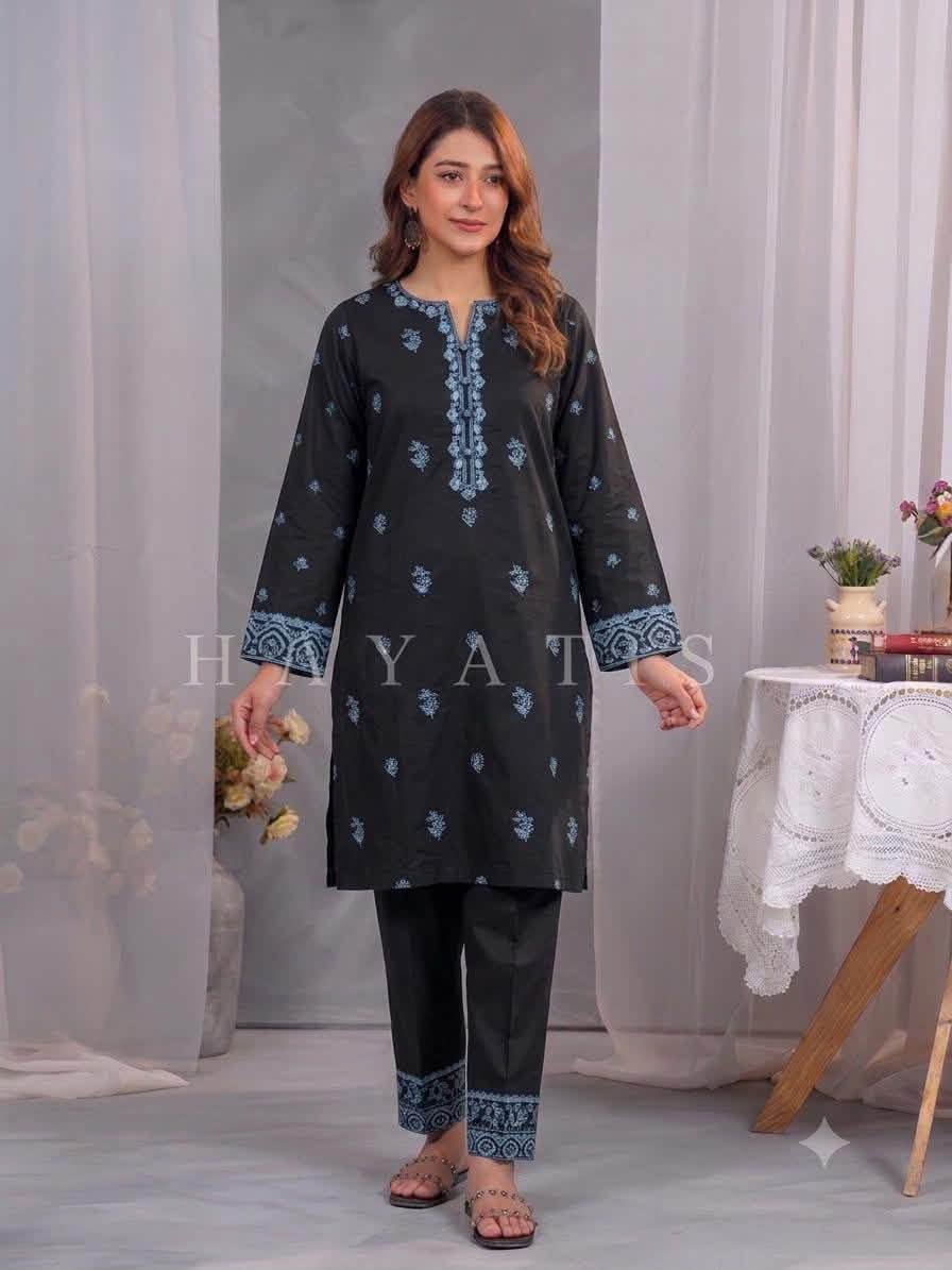 Pakistani Original Hayat's Cotton Embroidered Stitched 2Pcs _ Black