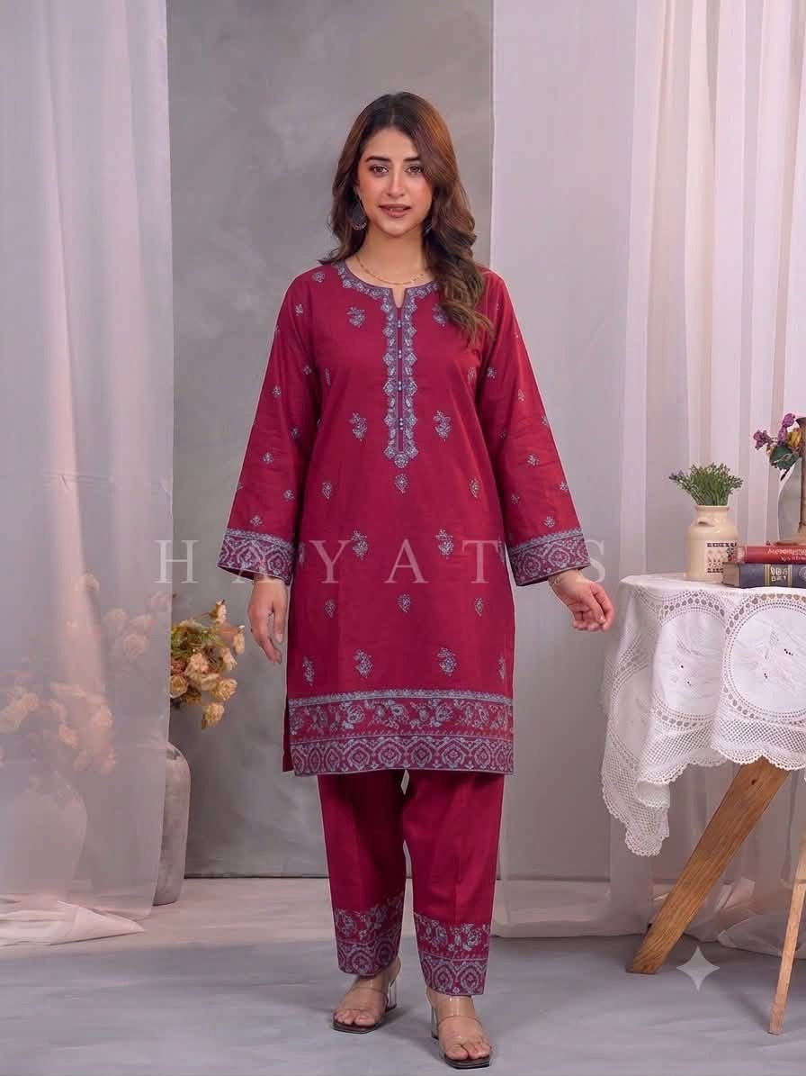 Pakistani Original Hayat's Cotton Embroidered Stitched 2Pcs _ Maroon