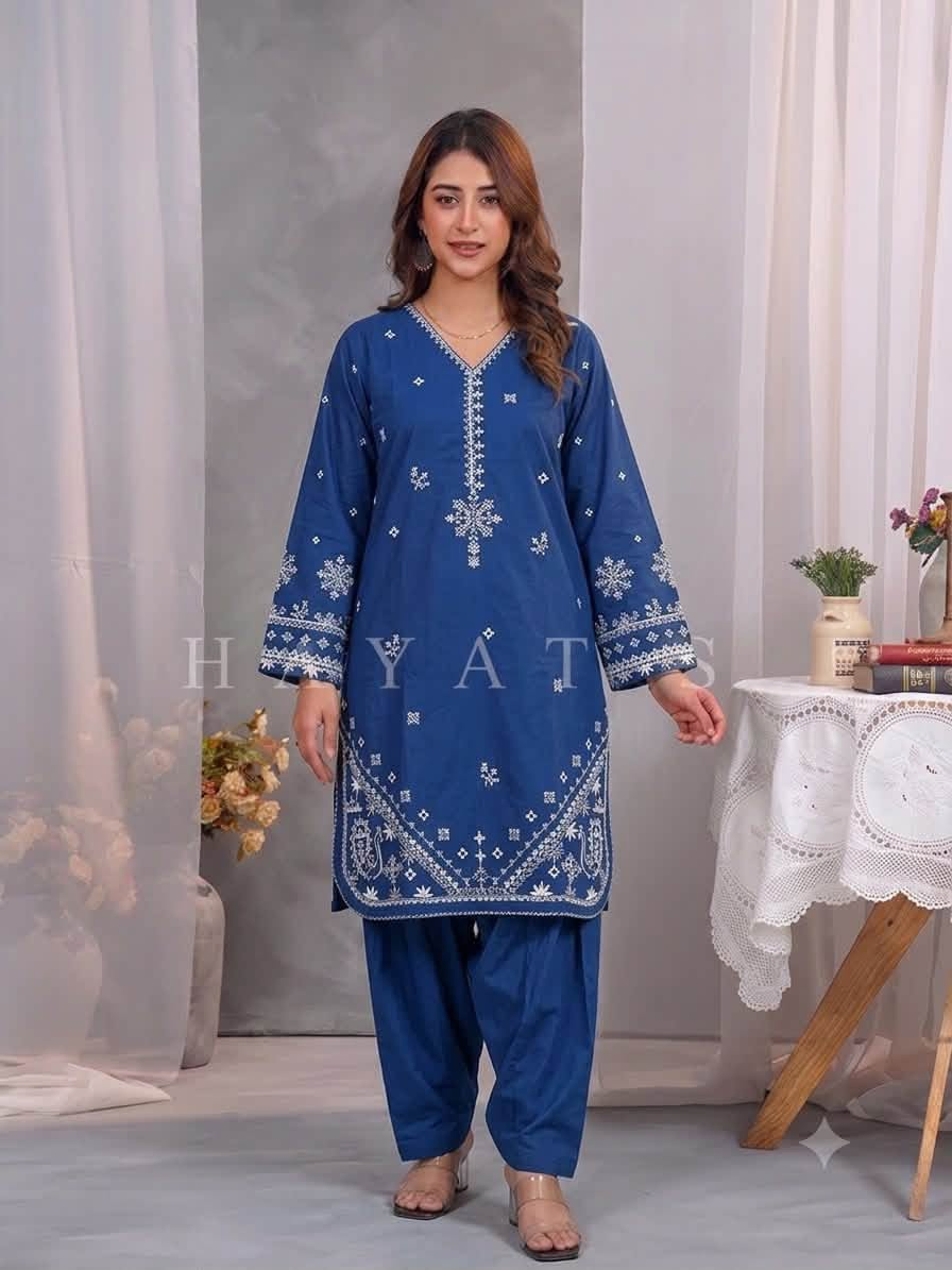 Pakistani Original Hayat's Cotton Embroidered Stitched 2Pcs _ Navy Blue