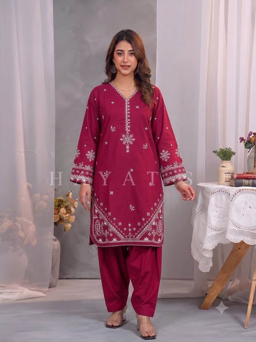 Pakistani Original Hayat's Cotton Embroidered Stitched 2Pc _ Maroon Red