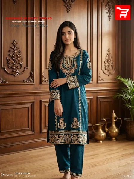 Designer Swizz Cotton Suit with Panel Lace Accents