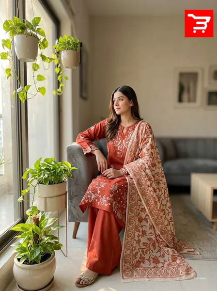 Elegant Floral Embroidered Pakistani Style Suit - Rust Orange