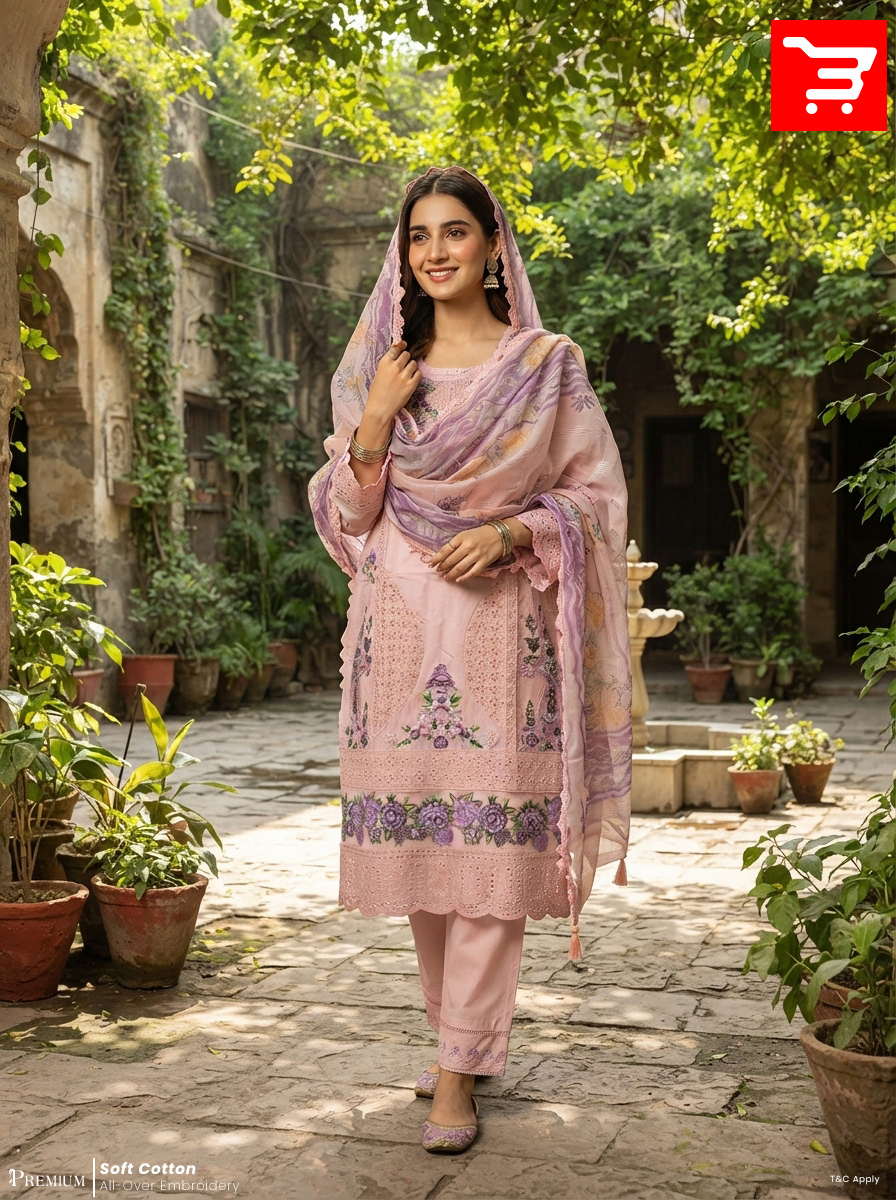 Blush Pink Floral Embroidered Solid Cotton Three-Piece Suit - Soft Baby Pink / Blush Pink Base