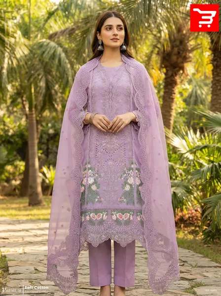 Pakistani-Inspired Floral Cut-Work & Boring Embroidered Swiss Lawn Three-Piece Semi-Stitched Suit