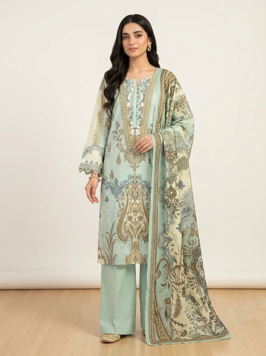 New Swizz Lawn Sea Green & Beige Paisley Printed 3-Piece Suit Collection